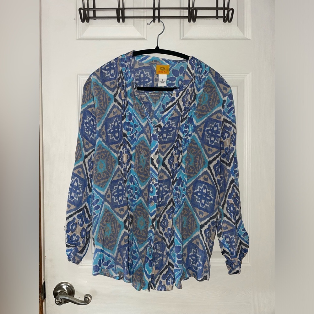 Ruby Rd. Blue & Gray Geometric Button-Down Blouse